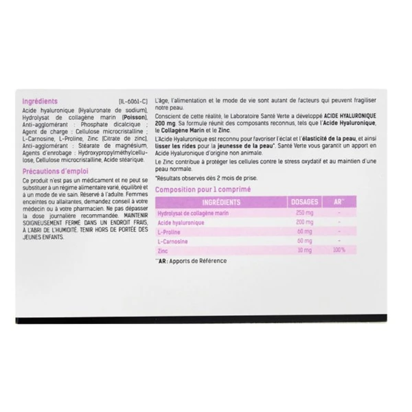 Santé Verte Acide Hyaluronique 200 Mg Comprimés - Contenance : 30 Comprimés 1 Santé Verte Acide Hyaluronique 200 Mg Comprimés - Contenance : 30 Comprimés